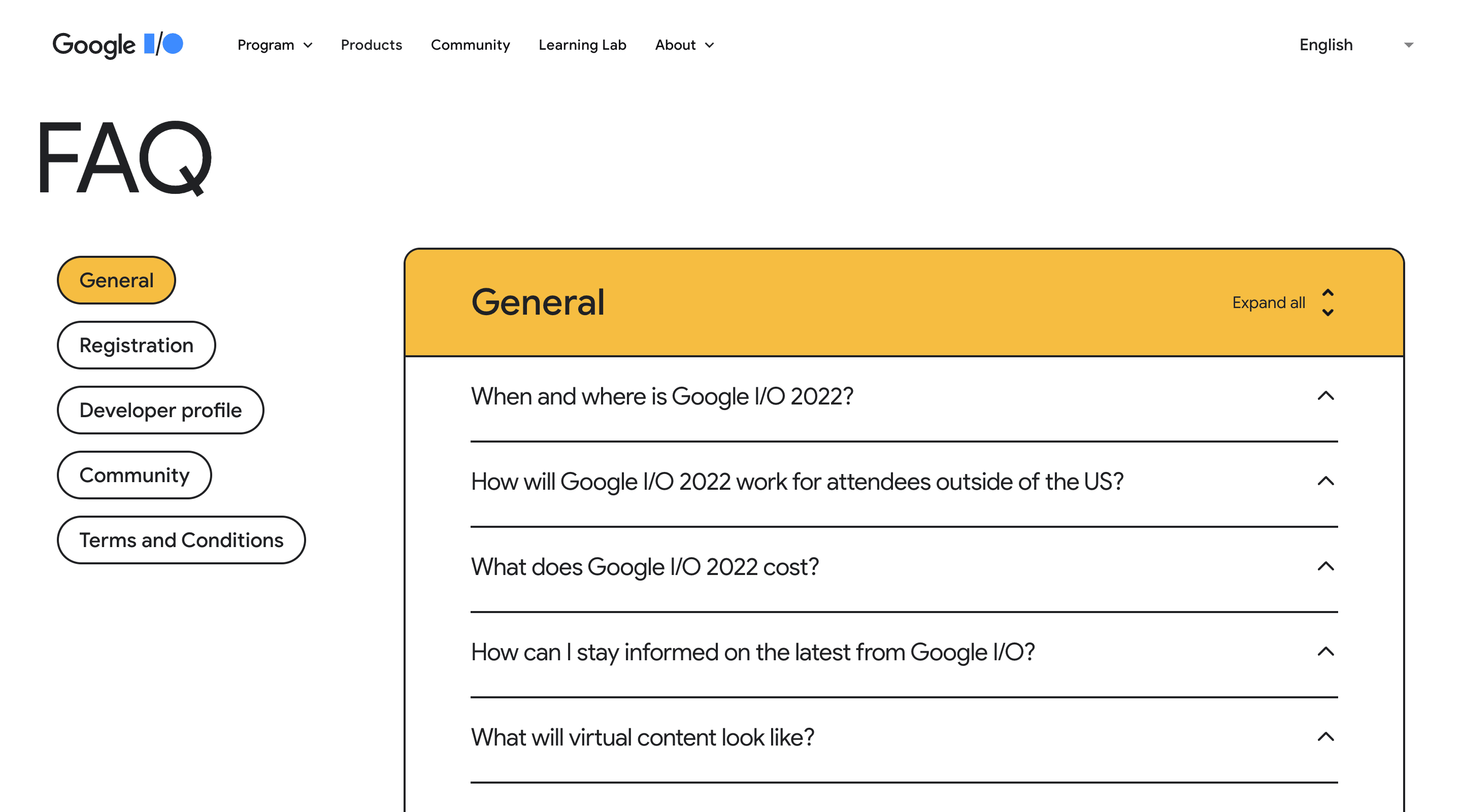 Screenshot of the Google I/O 2022 'FAQ' page. A list of FAQ categories is displayed on the left side of the screen. On the right side the 'General' category is shown with a list of questions such as 'When and where is Google I/) 2022?'.